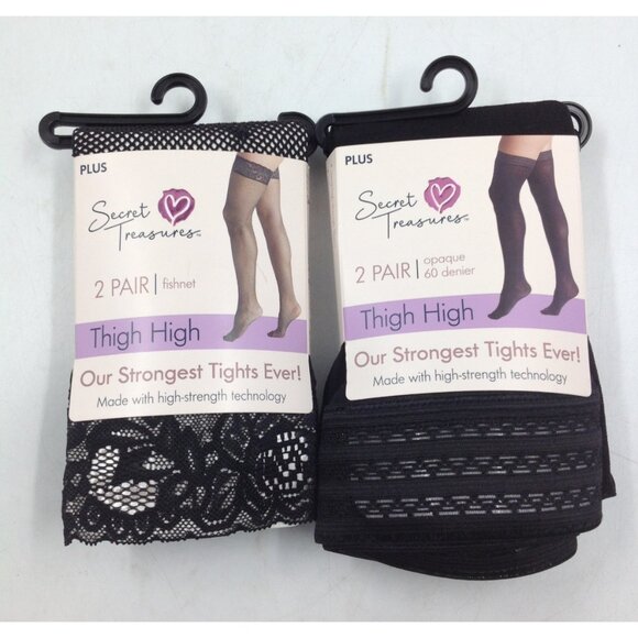 Secret Treasures Womens Black 4 Pr Opaque/ Fishnet Thigh High Tights Size Plus - Picture 1 of 2